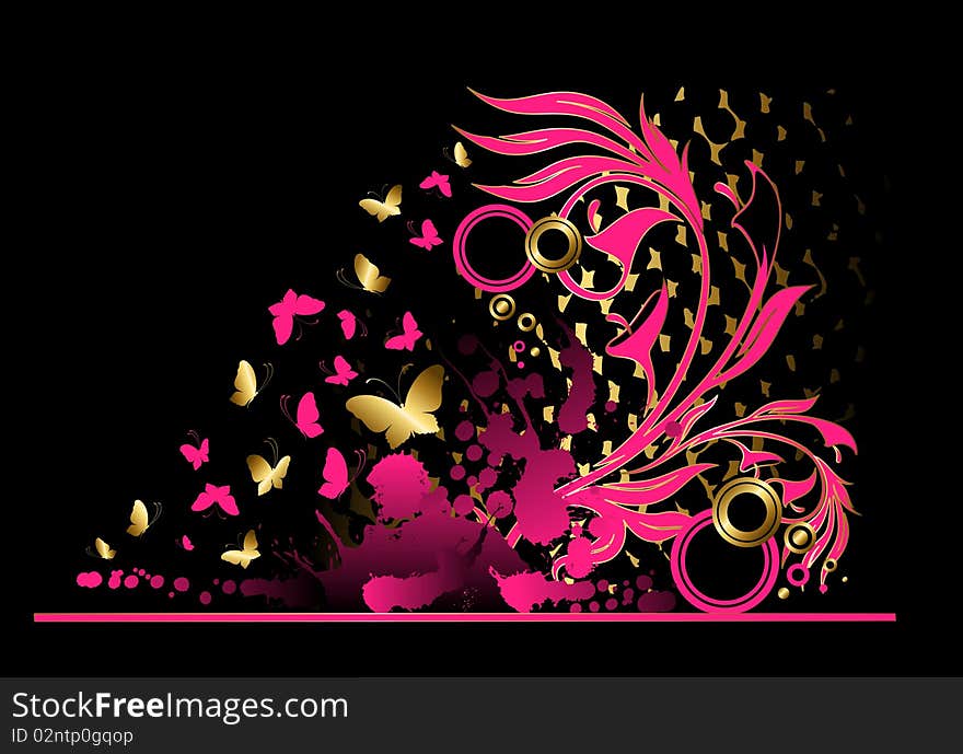 Illustration of grunge floral abstract banner with blots