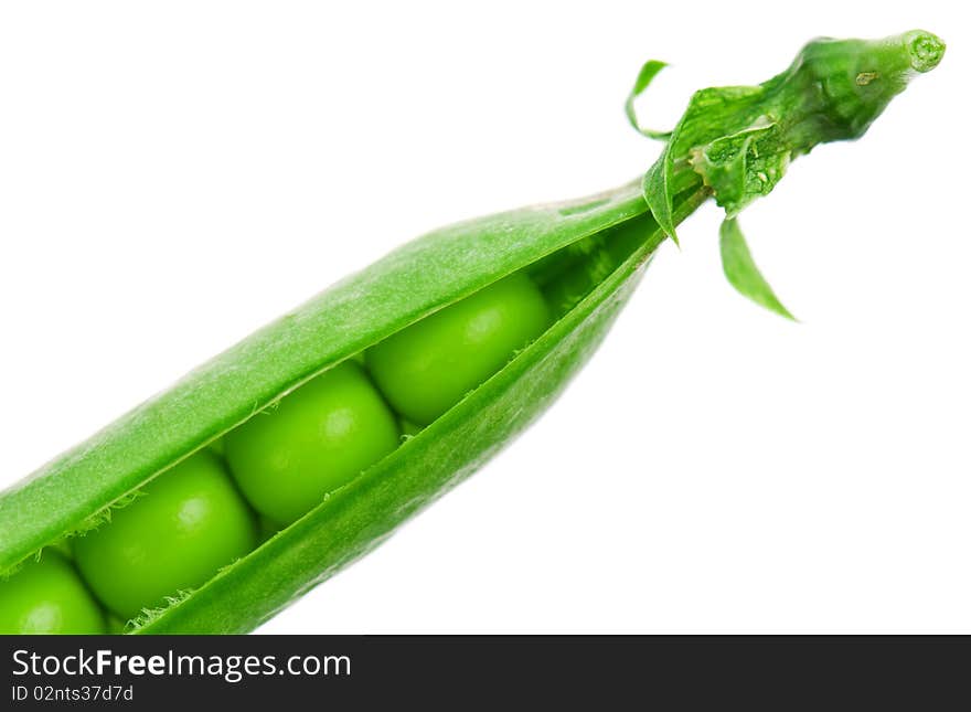 Fresh green pea pod isolated on white background