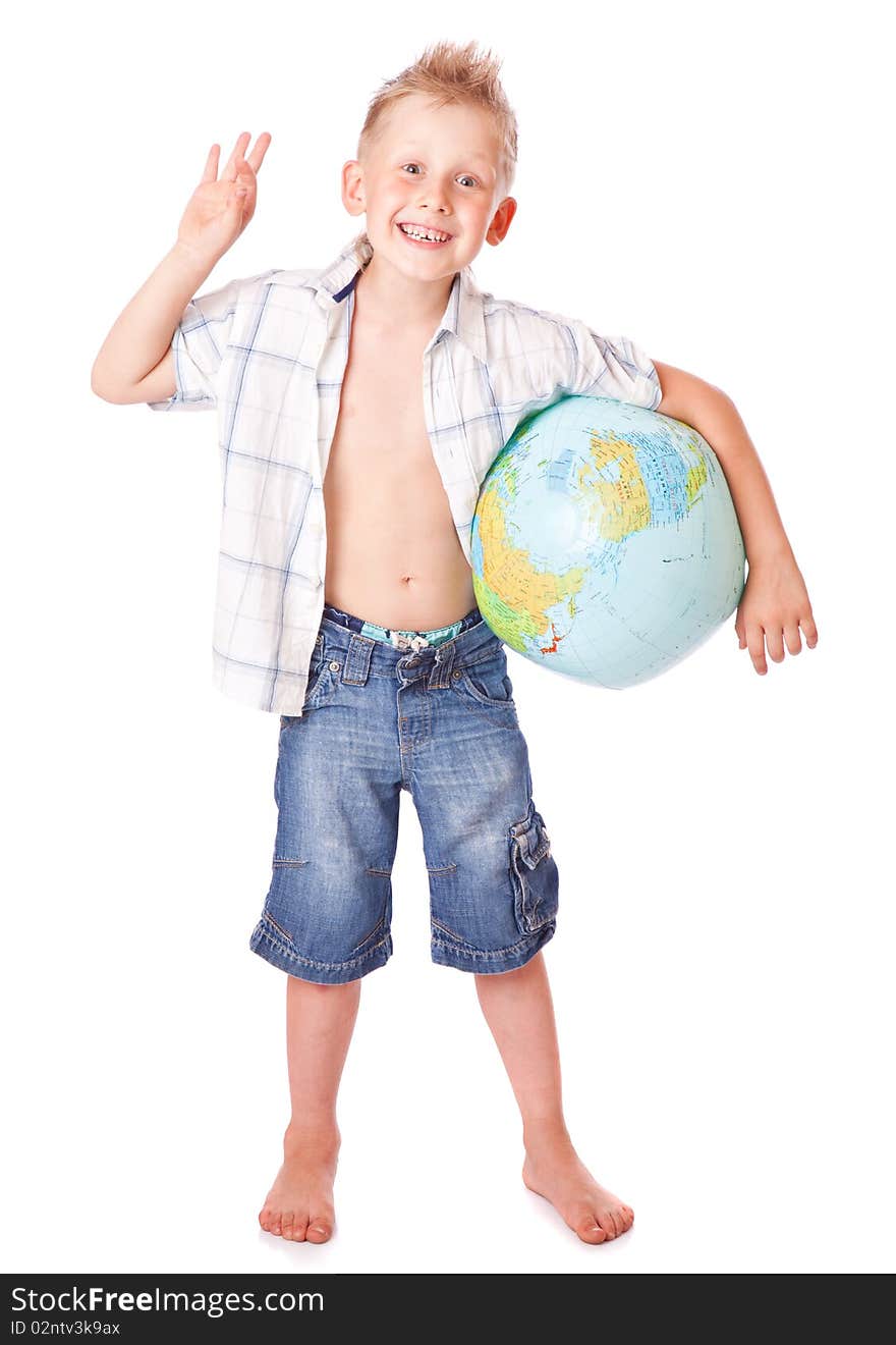 Boy and globe. Isolated on white background