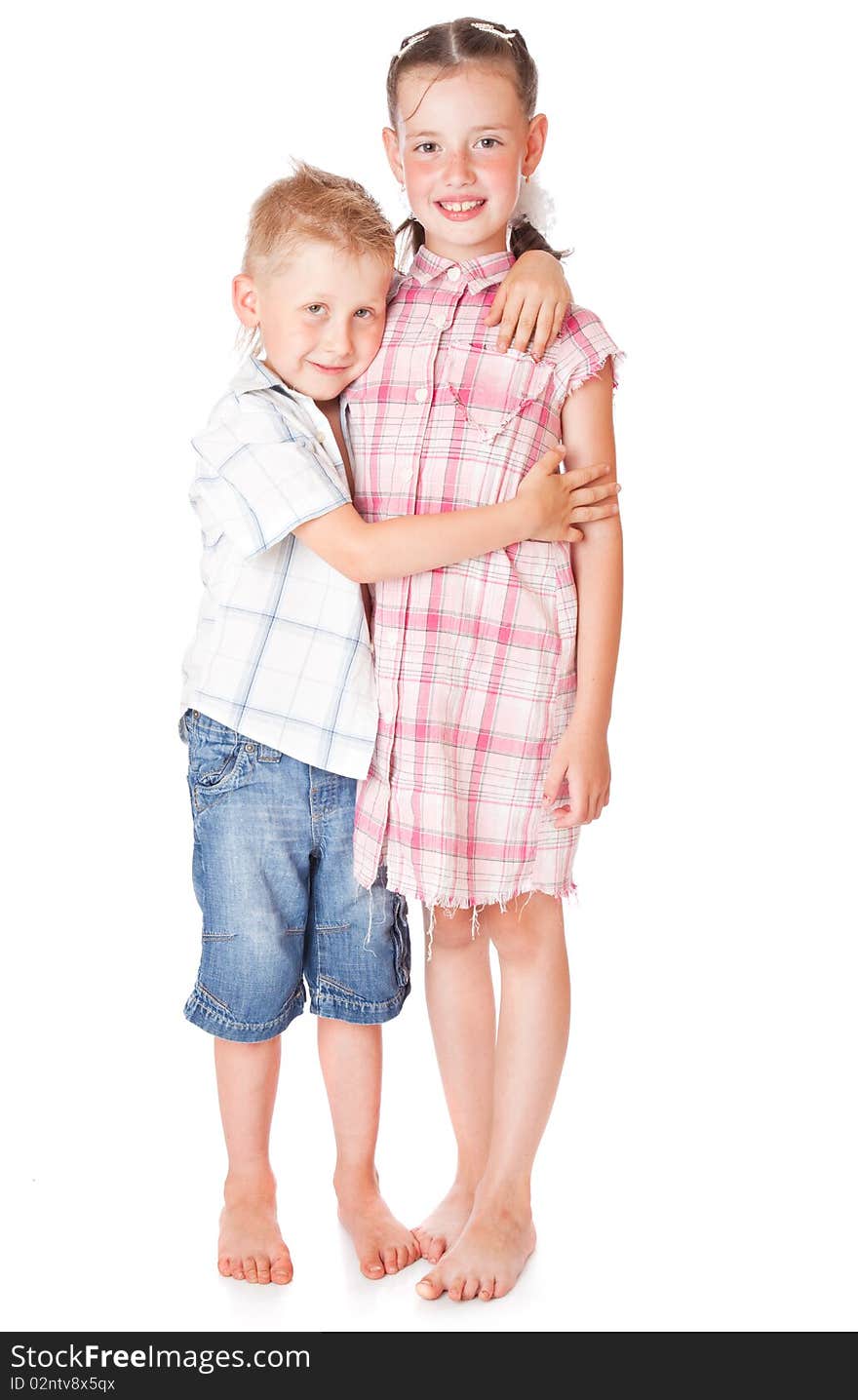 Little boy and girl in love. Isolated on white background