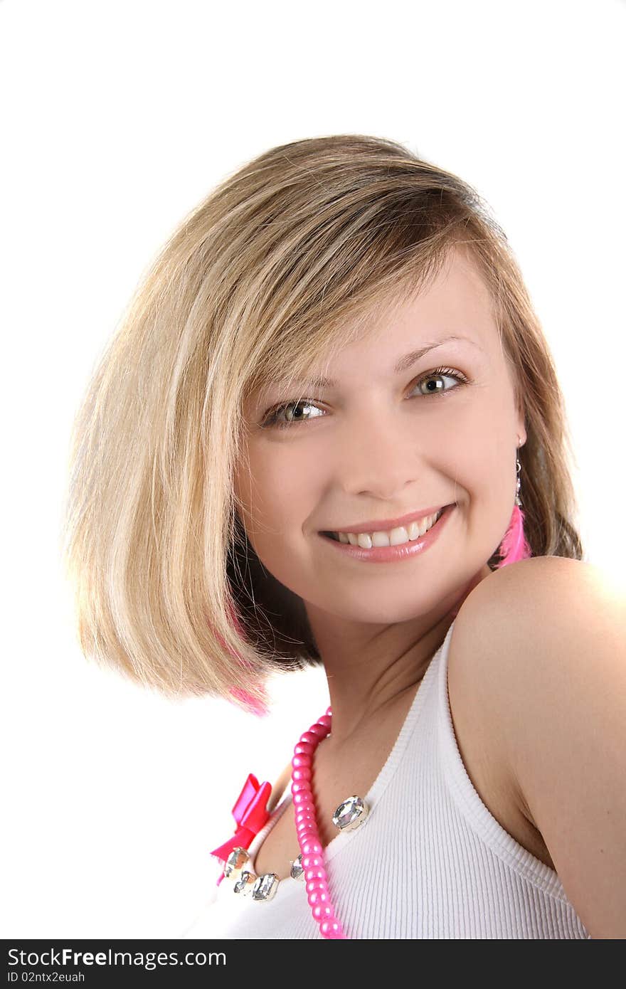 Portrait of merry pretty glamourous girl in studio