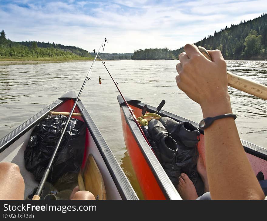 Two canoe in canada paddling and fishing. Two canoe in canada paddling and fishing