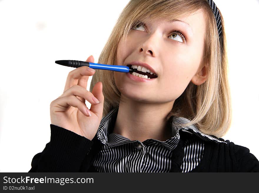 Portrait of business girl with pen