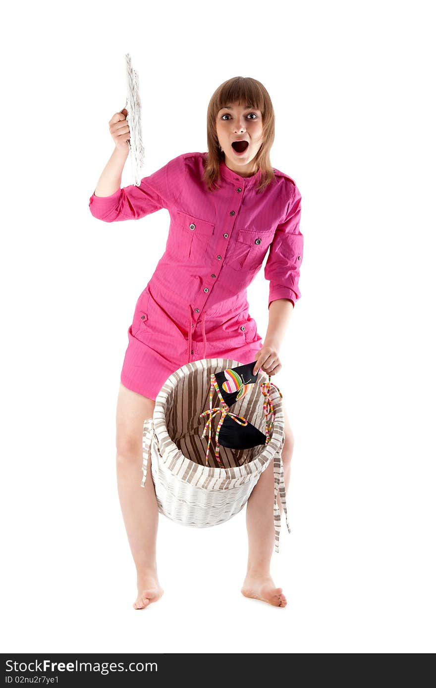 Beautiful girl in red gown and basket for linen between legs