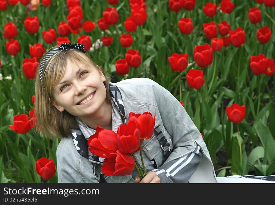 Portrait of girl with tulips