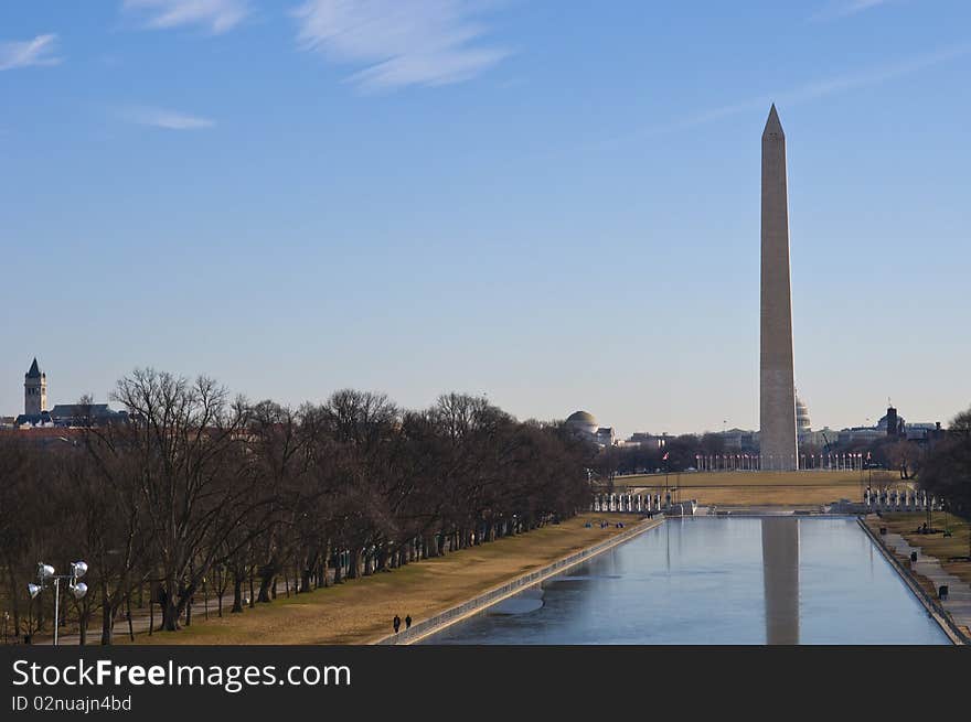 Washington Monument and reflecting pool at the National Mall in Washington DC