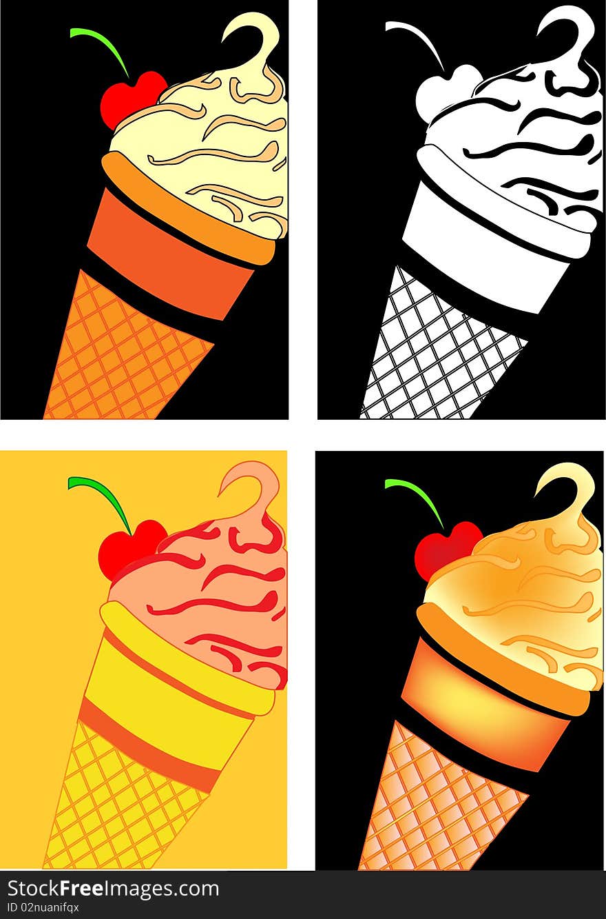 Illustration for ice cream or whipping. Stylization concept for desert with waffle cone and cherry. Illustration for ice cream or whipping. Stylization concept for desert with waffle cone and cherry.