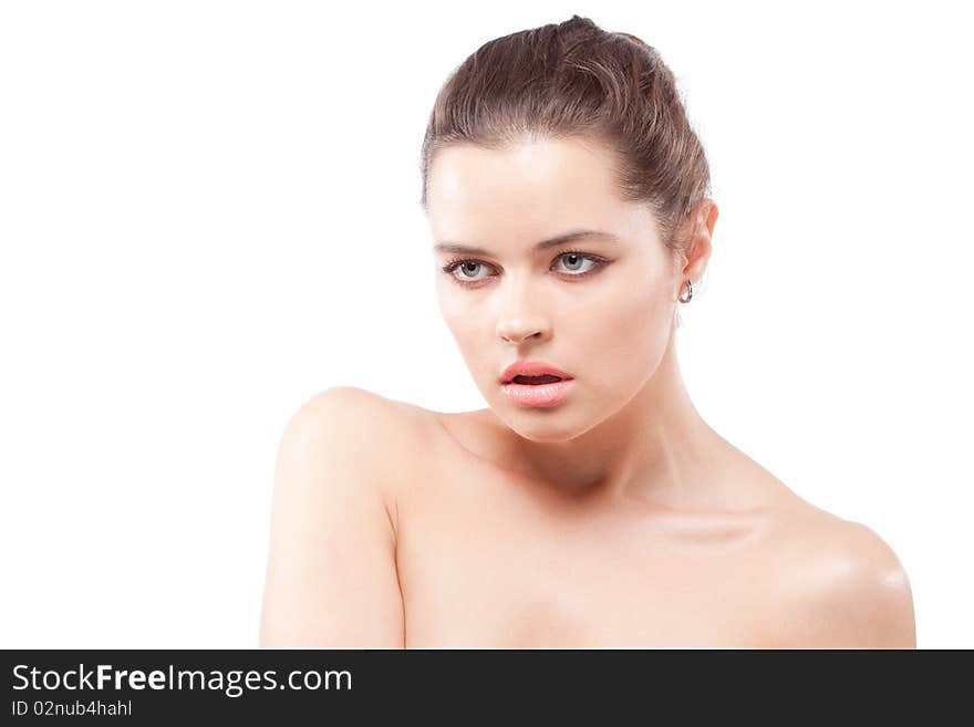 Closeup portrait of brunette passionate woman with large beautiful eyes and open mouth