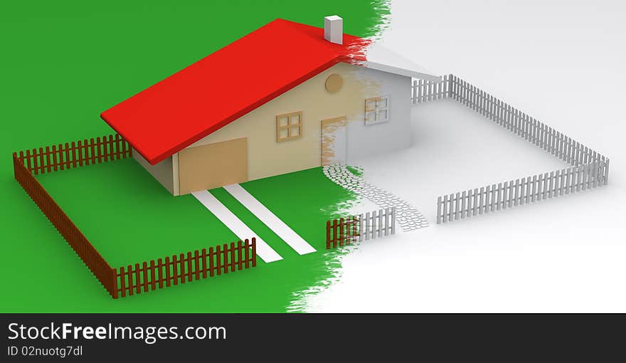 3D illustration of a designed house with garden in two colors. 3D illustration of a designed house with garden in two colors