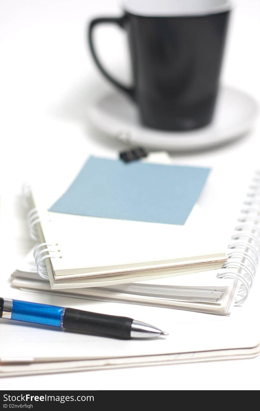 One coffee and papernote on white background. One coffee and papernote on white background