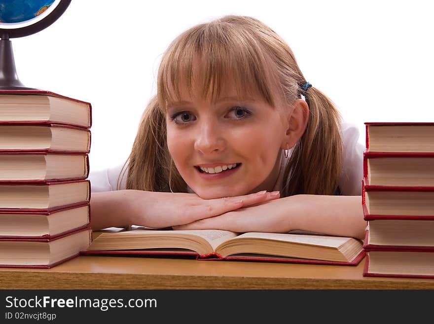 Senior high school student in uniform with documents is sitting on the stack of book. Young and beautiful schoolgirl is wearing a traditional uniform is reading textbook. Senior high school student in uniform with documents is sitting on the stack of book. Young and beautiful schoolgirl is wearing a traditional uniform is reading textbook.