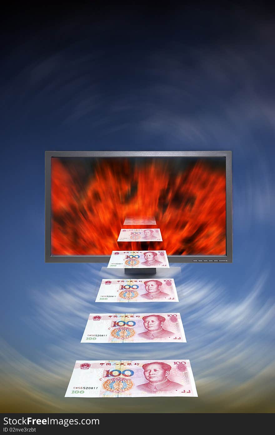 Flying out of the money from the moniter, blue background, chinese currency. Flying out of the money from the moniter, blue background, chinese currency.