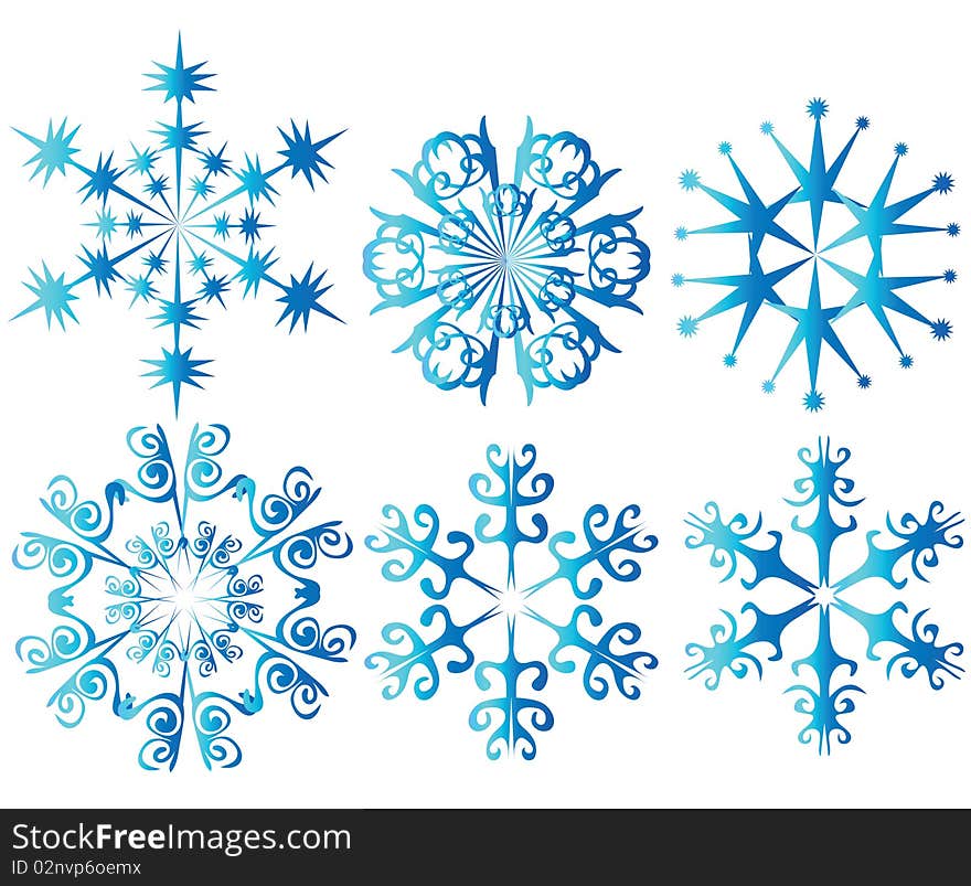 Six blue snowflakes. Vector illustration.