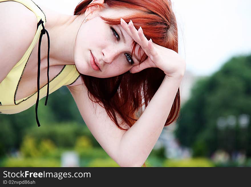 Girl looks attentively into the camera