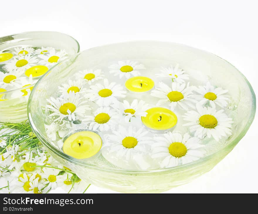 Spa lit candles daisy flowers health-care treatment. Spa lit candles daisy flowers health-care treatment