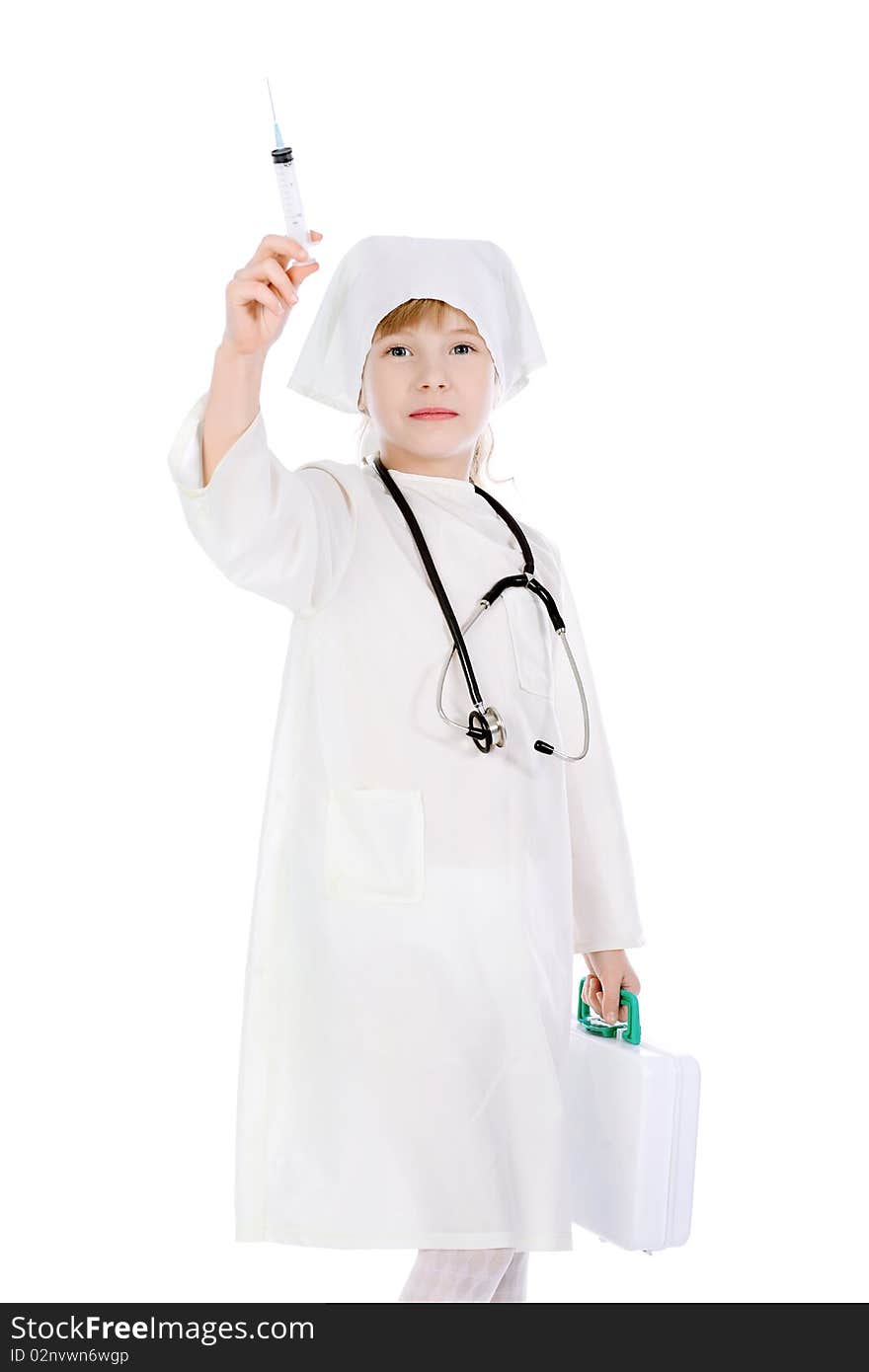 Shot of a little girl in a doctors uniform. Isolated over white background. Shot of a little girl in a doctors uniform. Isolated over white background.