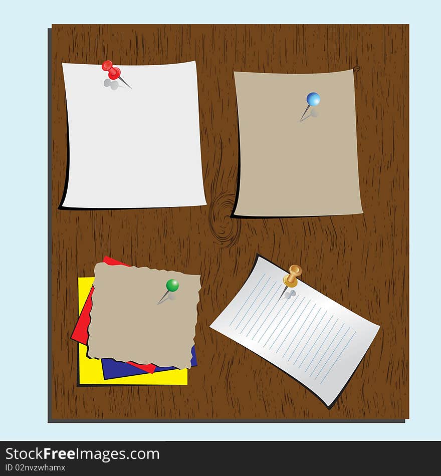 Push pins and paper notes at wood background,  illustration