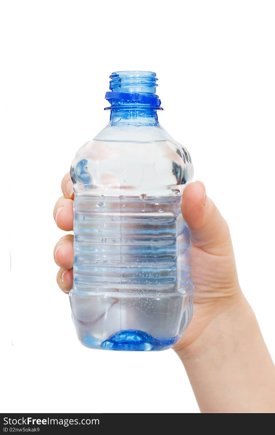 Hand with bottle of water isolated on white background