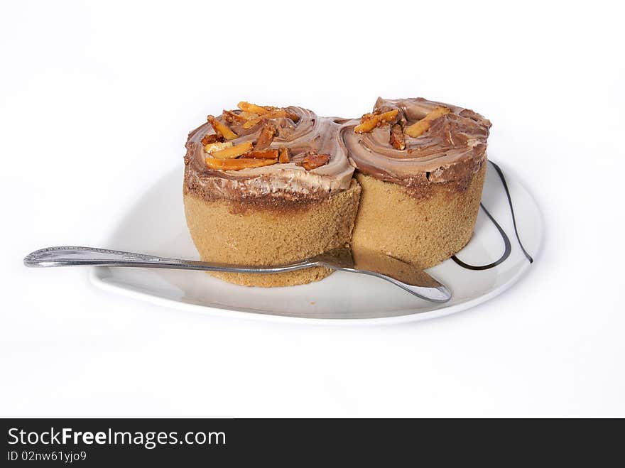 Sweet cappuccino almond roll isolated white background