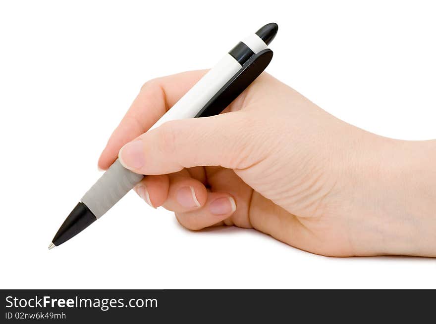 Pen in woman hand isolated over white