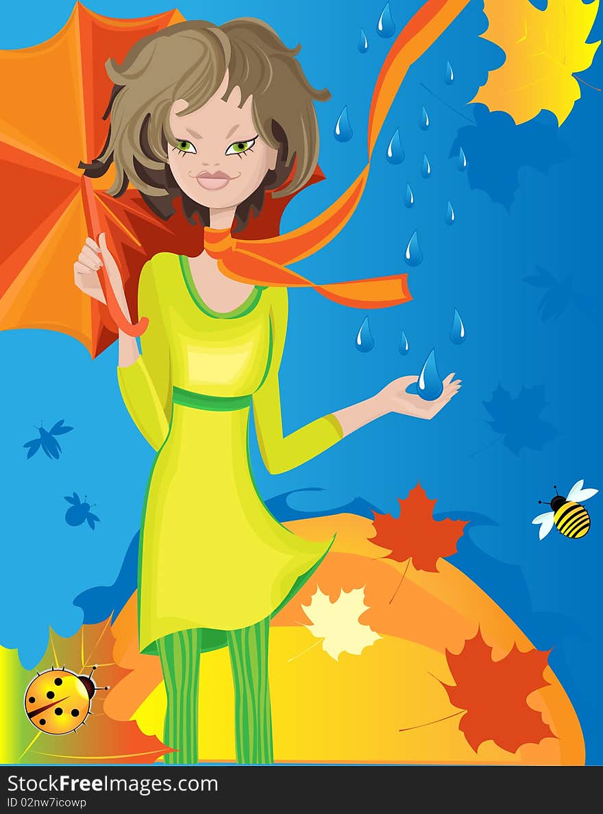 Vector illustration of beautiful girl under an ambrella. Vector illustration of beautiful girl under an ambrella