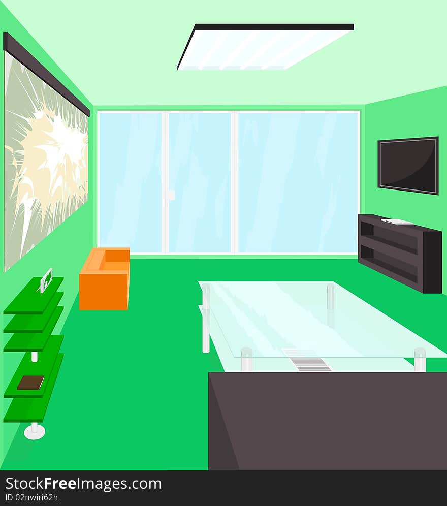 Illustration of a living room, done in perspective. Vector art in Adobe Illustrator, saved as an AI8 EPS file. All elements are created individualy so they can be removed or modified without problems. Can be scaled to any size, without loss of quality.