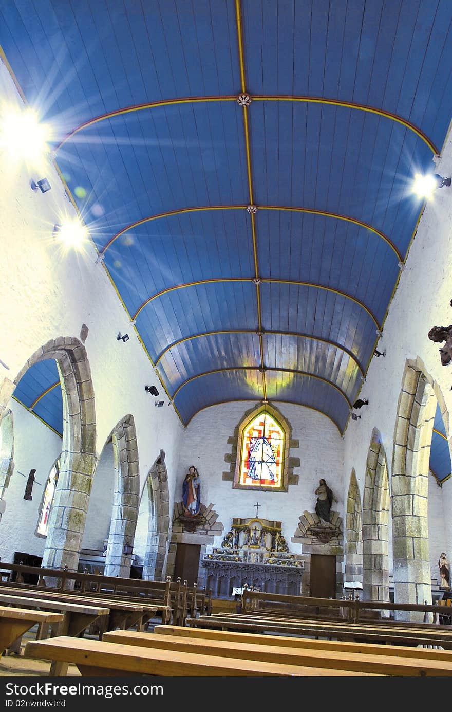 Gothic chapel interior in brittany - white walls and blue ceiling. Gothic chapel interior in brittany - white walls and blue ceiling