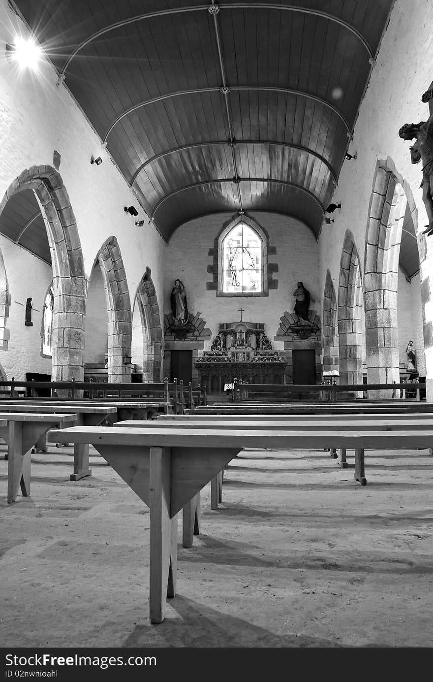 Gothic chapel interior in brittany - black and white. Gothic chapel interior in brittany - black and white