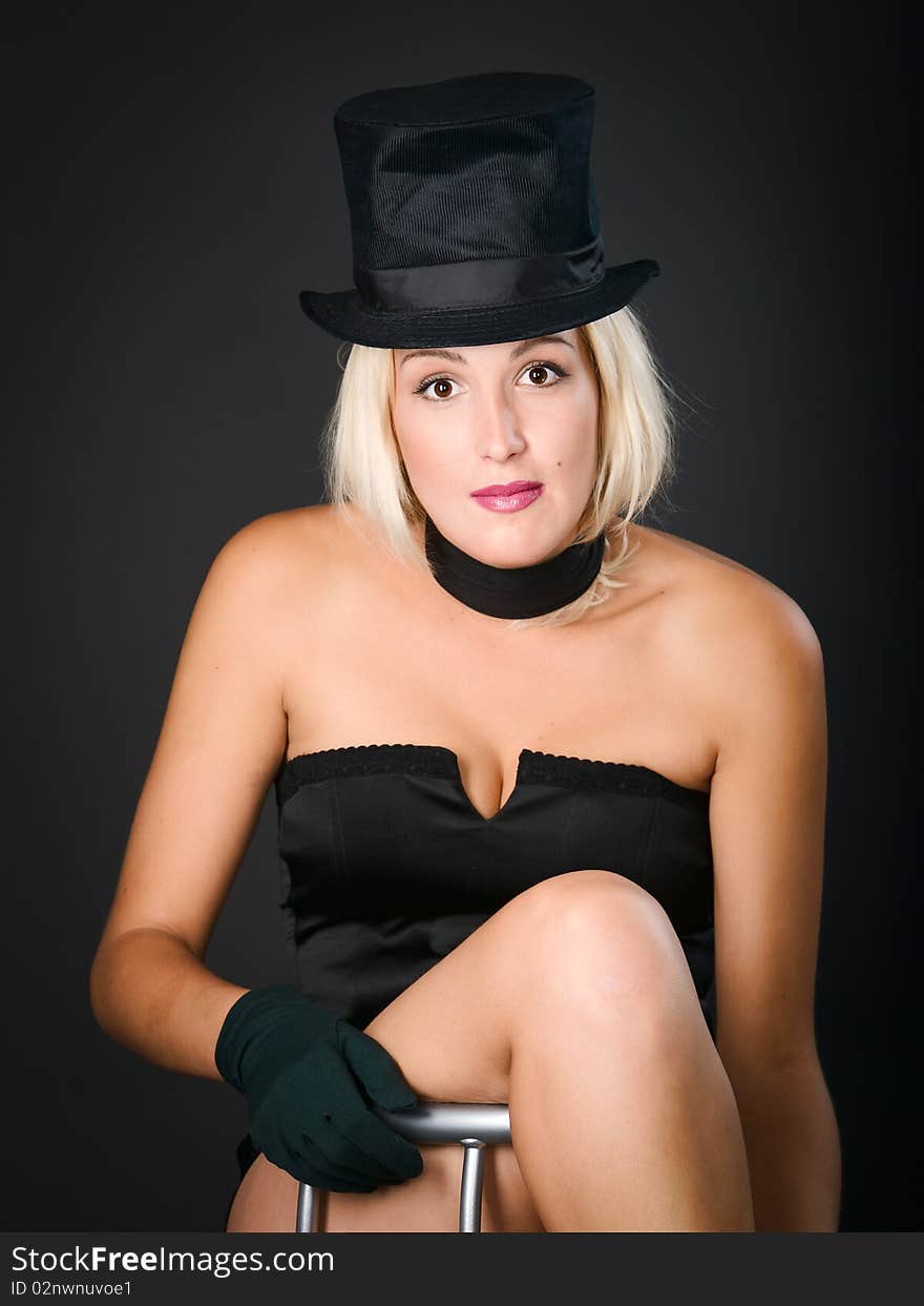 Dark Picture Of Woman In Black Dress And Top Hat