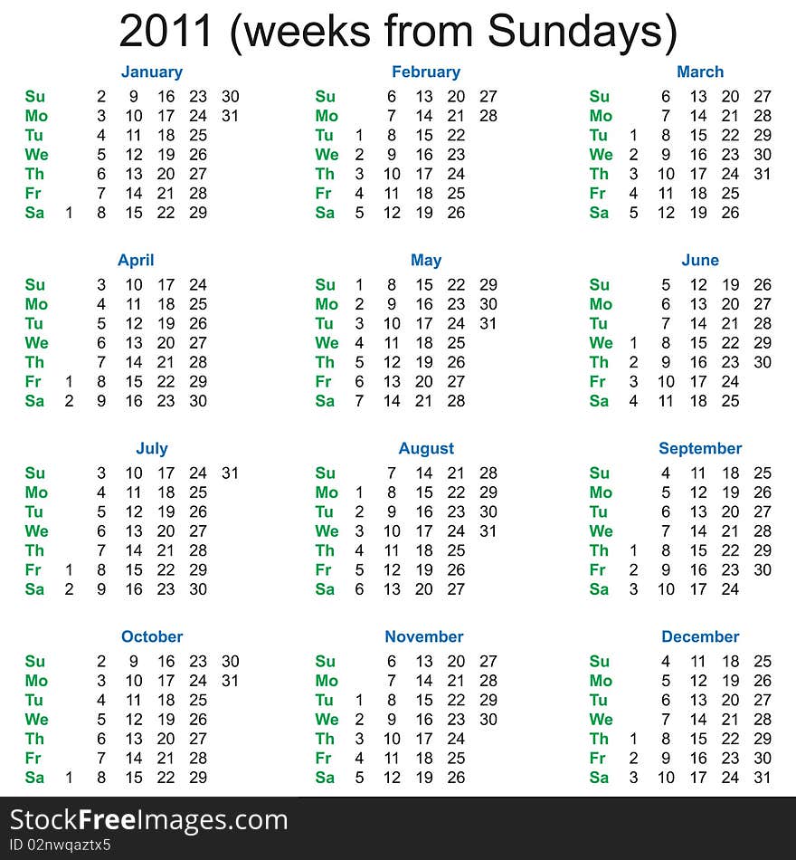 2011 Calendar of twelve months. Weeks begin from Sundays. 2011 Calendar of twelve months. Weeks begin from Sundays