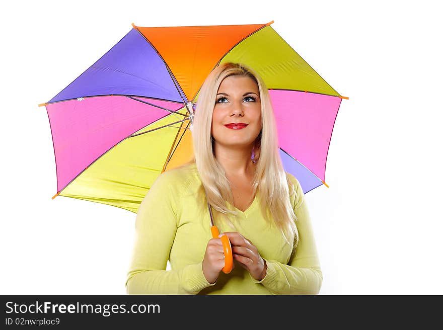 Portrait of pretty autumn woman standing under umbrella. white background