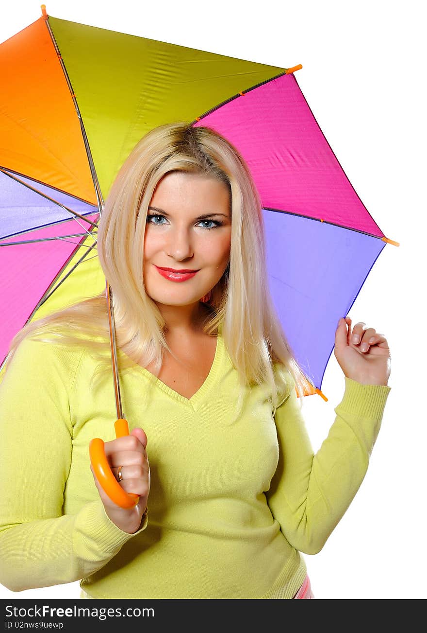 Portrait of pretty autumn woman standing under umbrella. white background