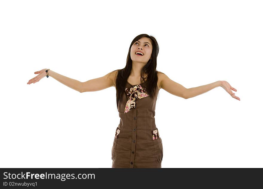 Happy young asian woman with arms outstreched looking up, isolated on white background. Happy young asian woman with arms outstreched looking up, isolated on white background