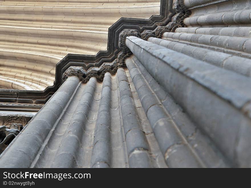 Details of old Barcelona Cathedral Church; selective focus on top portico. Details of old Barcelona Cathedral Church; selective focus on top portico