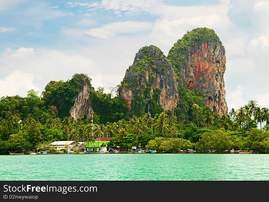 High cliffs on the tropical island. Exotic tropical landscape.