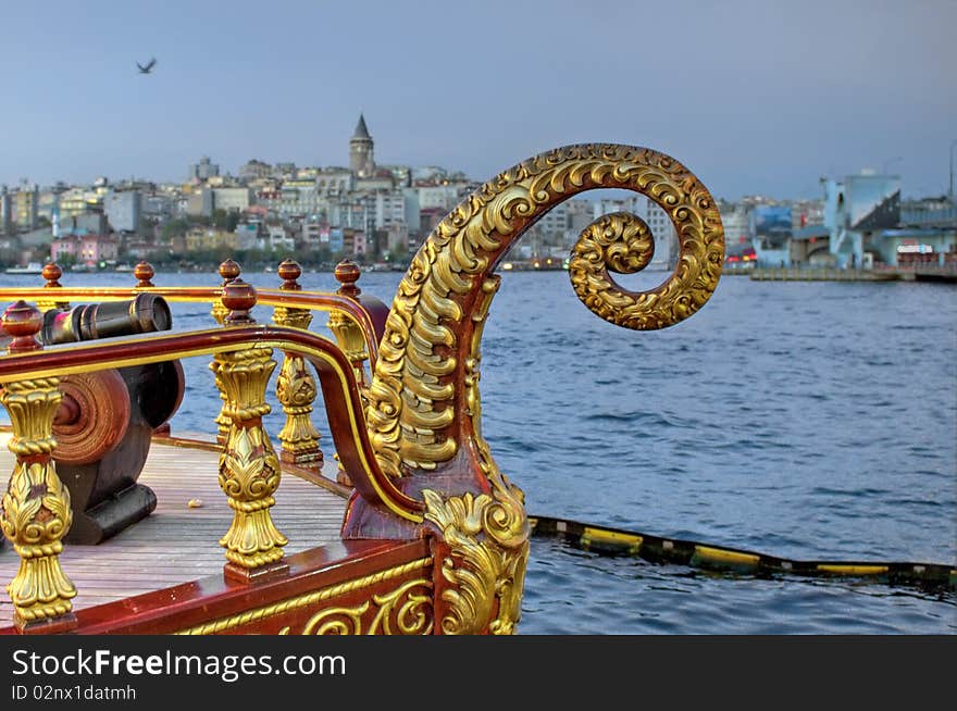 Galata Tower and Ferry cruising harbor, Istanbul, Turkey