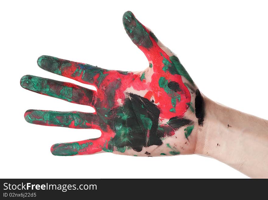 Close up of hands painted with watercolors isolated on white background