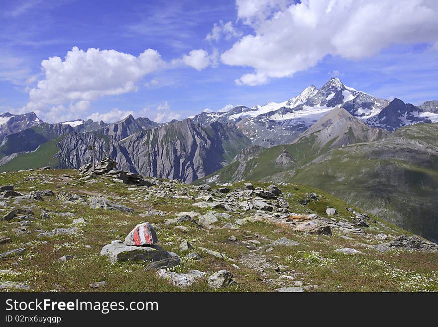 View to Grossglockner, peaks, rocks, glaciers