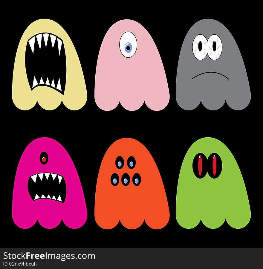 Collection of colorful ghosts in different styles, with fangs, single-eyed, multi eyed