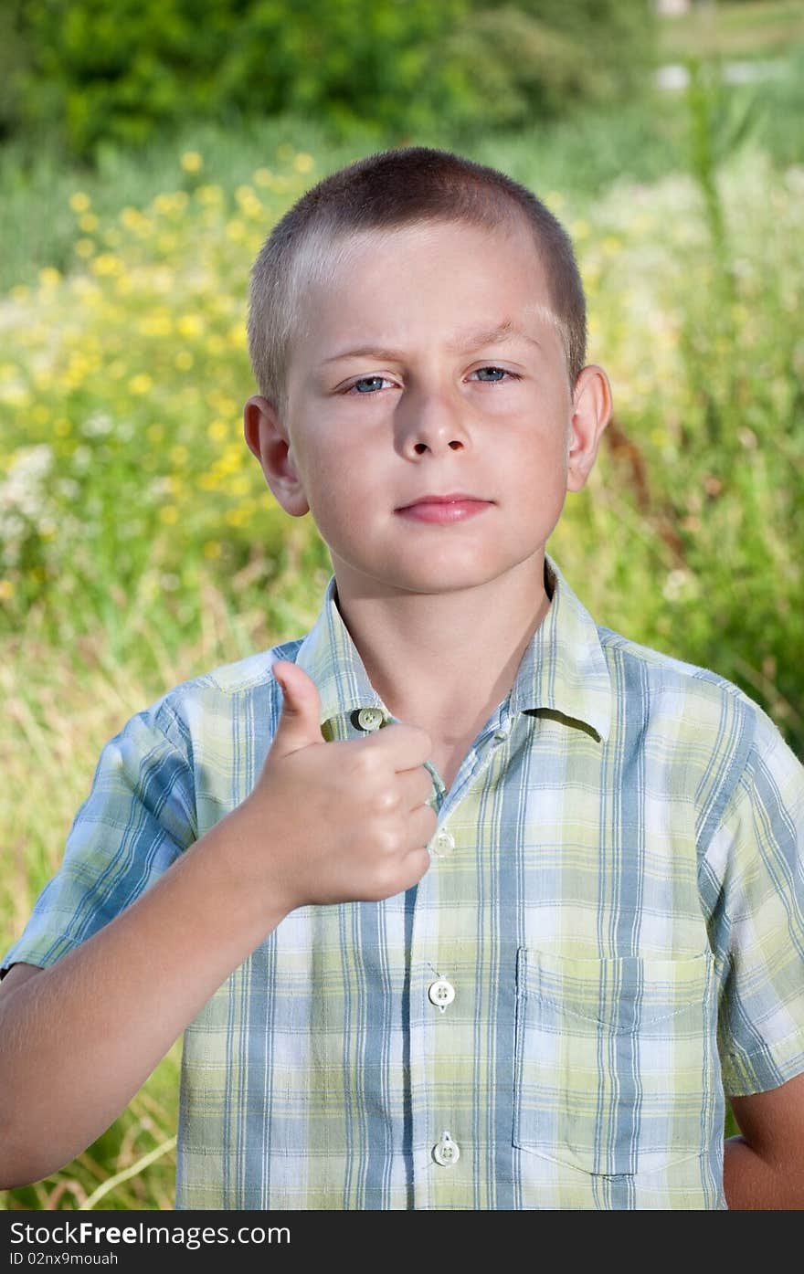 Thumb up from young boy in nature on a sunny day