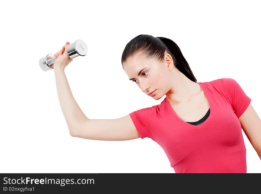 Pretty young woman training (isolated on white background)