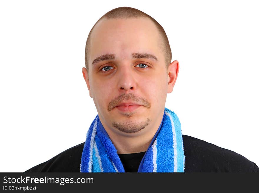 Young caucasian man with towel isolated on white background. Young caucasian man with towel isolated on white background