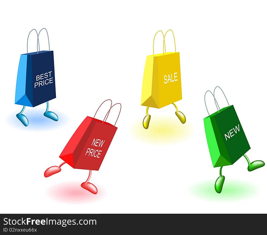 Dancing bags with inscriptions on a white background