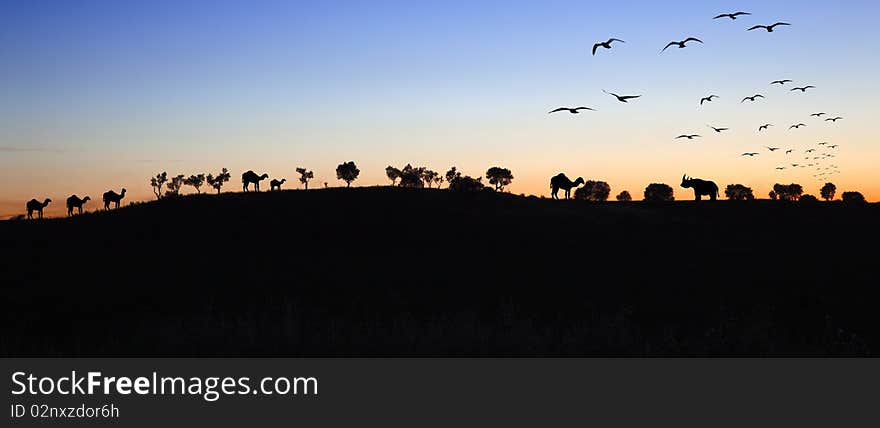 Sunset landscape with silhouettes of animals and trees