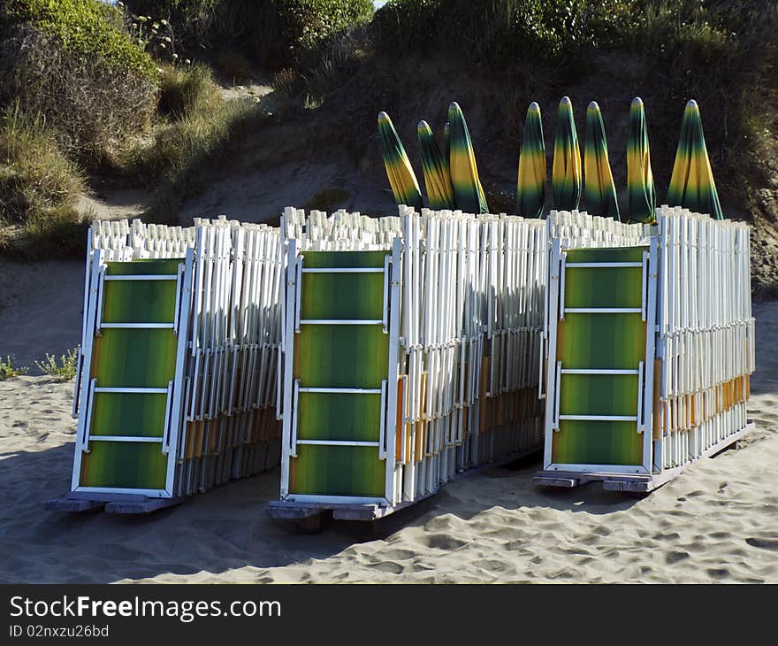 Deck chairs on a beach