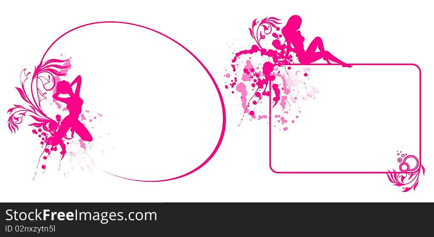 Set of grunge floral abstract banners with blots and silhouette of girl