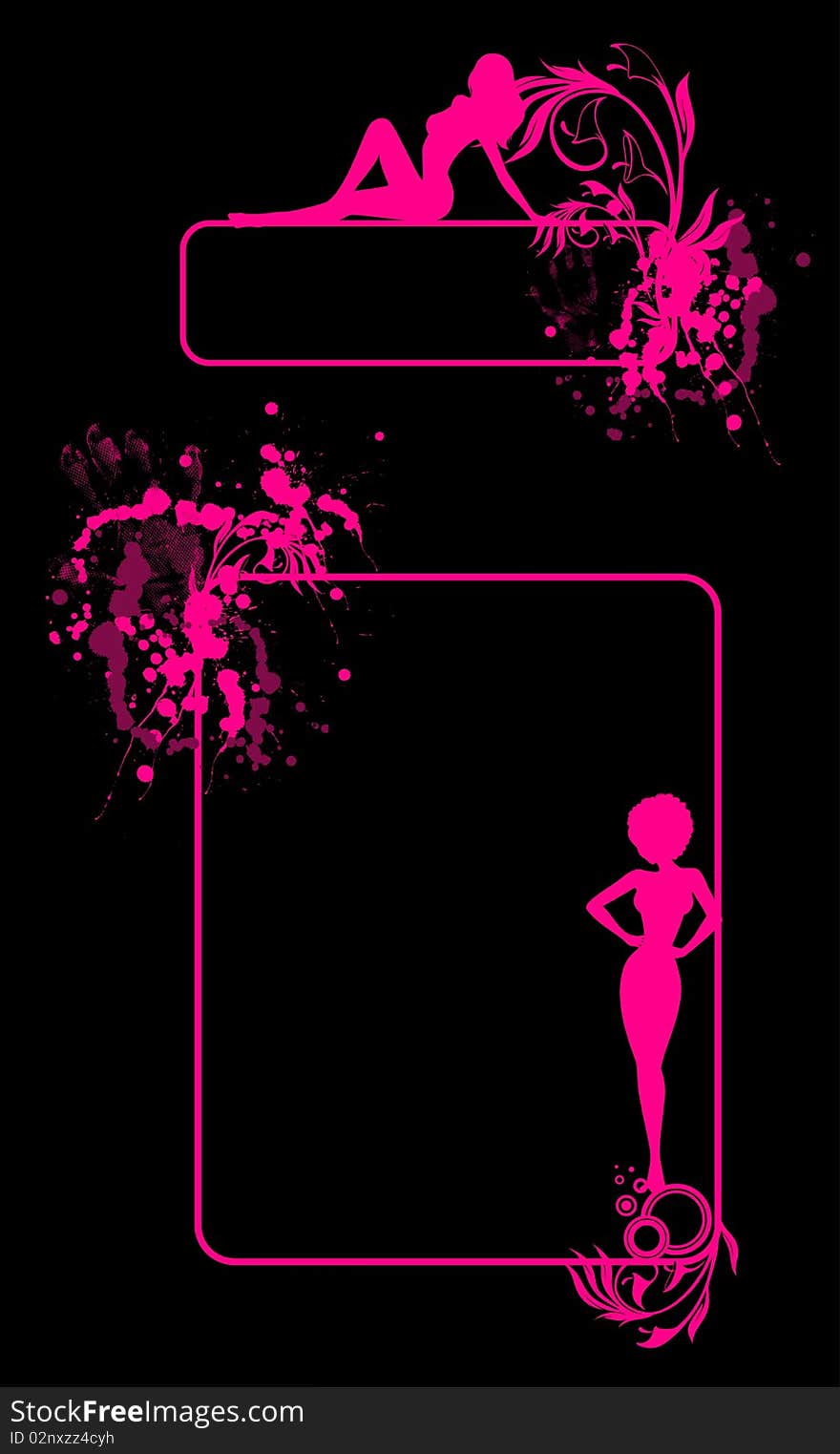 Set of grunge floral abstract banners with blots and silhouette of girl