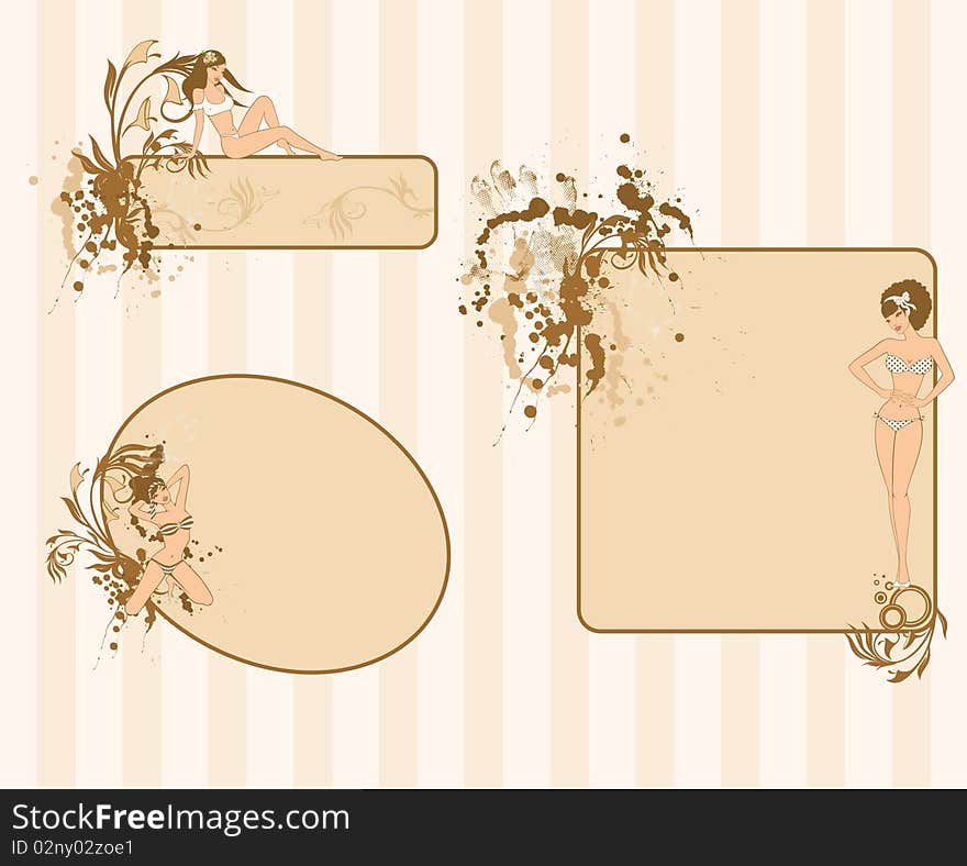 Set of grunge floral abstract banners with blots and silhouette of girl