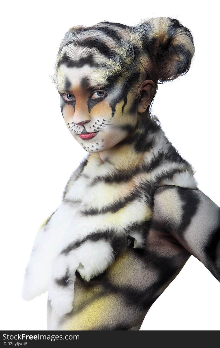 Body-art: White tigress. Studio shot.