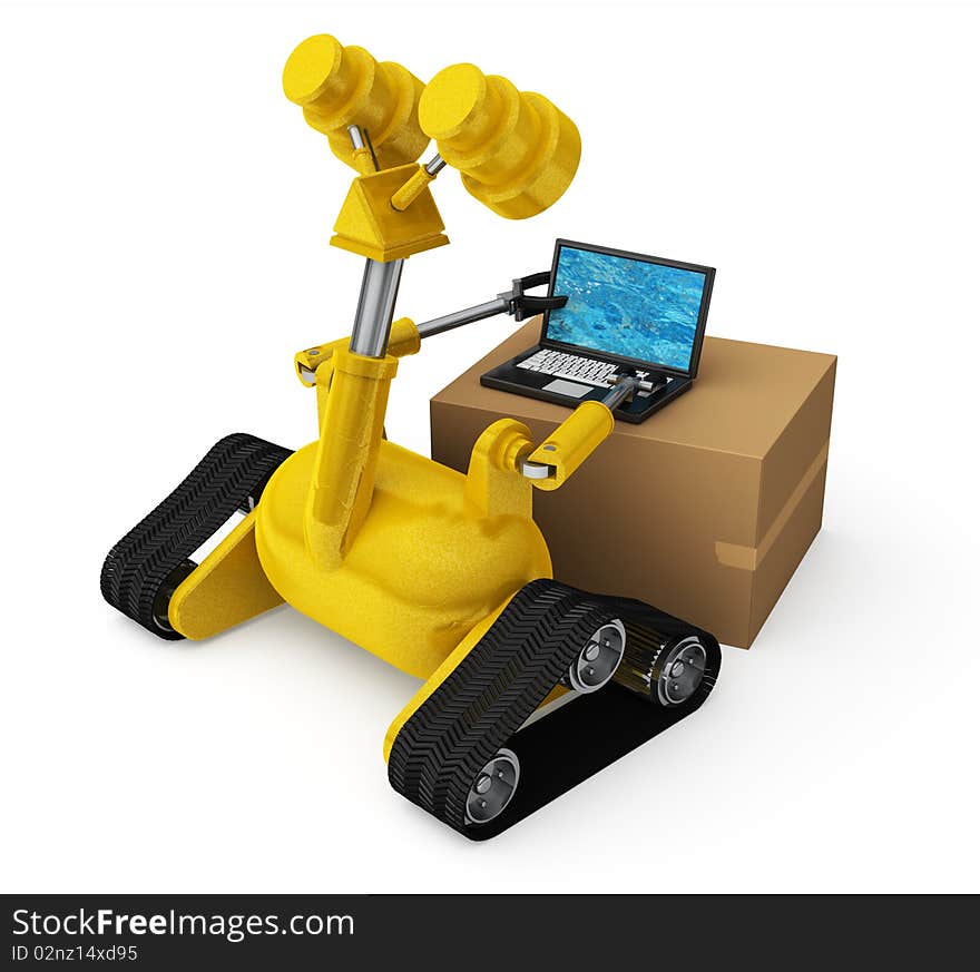 A yellow robot trying to use a laptop computer on top of a cardboard box. A yellow robot trying to use a laptop computer on top of a cardboard box